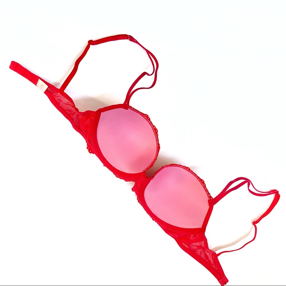 Pink Victoria’s Secret red lace date demi underwire push up bra balconette - Picture 3 of 7